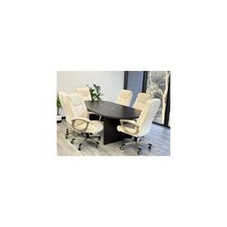 8' Mocha Oval Racetrack Table w/6 Heavy Duty Cream Leather Chairs - Conference Set