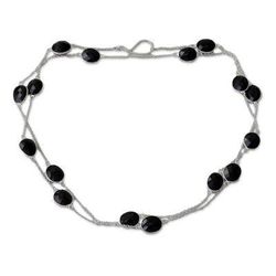 'Duduma Majesty' - Sterling Silver with Onyx Station Necklace from India
