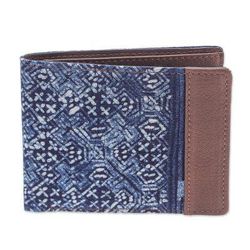 Sandy Shores in Brown,'Hand Crafted Navy Cotton and Leather Batik Wallet'