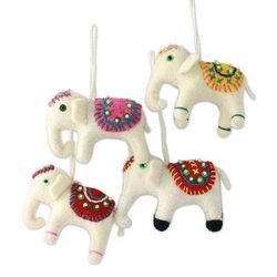 Wool ornaments, 'White Elephants' (set of 4)