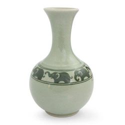 Celadon ceramic vase, 'Green Prancing Elephants'