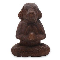 Wood sculpture, 'Meditating Long-Haired Puppy'