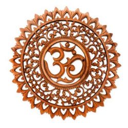 Lotus Om,'Hand Carved Suar Wood Sanskrit Om Sign Outlined with Lotuses'