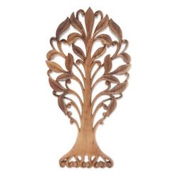 'Hand-Carved Suar Wood Relief Panel of a Leafy Tree from Bali'