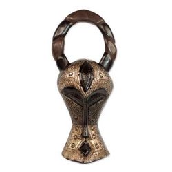 Boldly Shimmering,'Hand Crafted Sese Wood and Aluminum Wall Mask from Ghana'