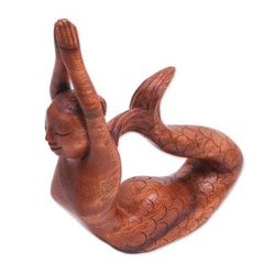 To the Sky Mermaid,'Suar Wood Sculpture of a Mermaid in a Yoga Pose from Bali'