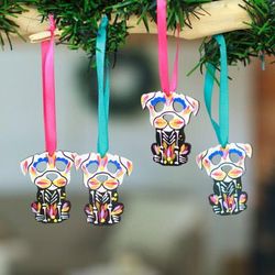 Day of the Dead Dog,'4 Wood Day of the Dead Skeleton Dog Ornaments with Ribbons'