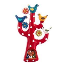 'Hand-Painted Tree-Shaped Floral Ceramic Sculpture in Red'
