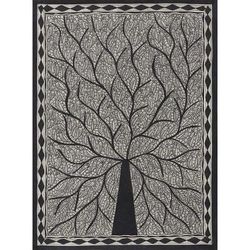 Abode of Birds,'Black and White Madhubani Tree Painting from India'