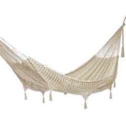 Veranda in Beige,'Beige Tasseled Cotton Hammock (Triple) From Mexico'
