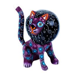 Insomniac Lion,'Purple Sleepy Lion Alebrije Carving with Detachable Tail'