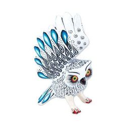 Frosty Owl,'Blue Tipped White and Black Owl Alebrije Figure from Oaxaca'