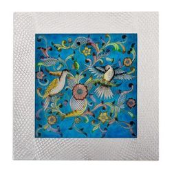 Blue Doves,'Handmade Floral Reverse Painted Glass Wall Art from Peru'