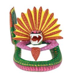 'Hand-Painted Green and Purple Copal Wood Alebrije Sculpture'