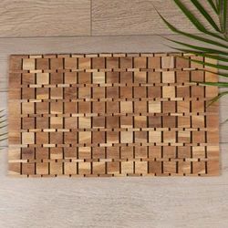 Forest's Cobblestone,'Handcrafted Geometric Natural Brown Teak Wood Mat from Bali'