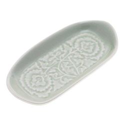 Thai Blooms,'Green Handmade Celadon Ceramic Floral and Leaf Serving Dish'