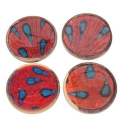 'Set of 4 Drop-Patterned Orange and Red Neem Wood Coasters'
