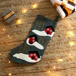 Homey Season,'Whimsical Applique Wool Felt Christmas Stocking in Grey'
