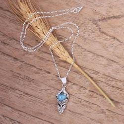 Tropical Bract,'Leafy Sterling Silver and Recon Turquoise Pendant Necklace'