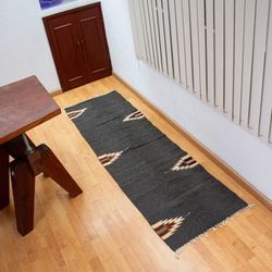 Grey Gleams,'Handwoven Geometric Dark Grey Zapotec Wool Runner (2x6)'