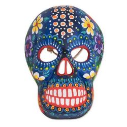 'Hand-Painted Blue Floral Wood Skull Mask from Guatemala'