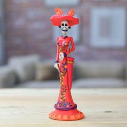 'Hand-Painted Floral Lady Catrina Ceramic Sculpture in Red'