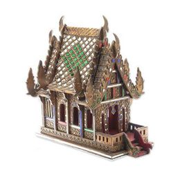 Lanna Temple,'Wood and Glass Spirit House Handcrafted in Thailand (16 in.)'