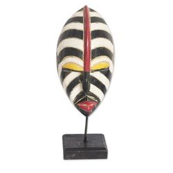Zebra Visage,'Striped African Sese Wood Mask with Stand'