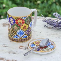 Thai Splendor,'Gilded Hand-Painted Benjarong Porcelain Mug with Lid'