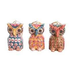 Enchanting Owls,'Handcrafted Pinewood Owl Ornaments from Guatemala (Set of 3)'