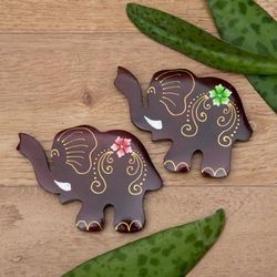 'Set of 2 Hand-Painted Floral Elephant-Shaped Wood Magnets'