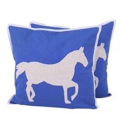 Majestic Horse,'Blue and Ivory Horse Motif Cushion Covers (Pair)'