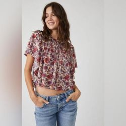 Free People Tops | Free People Printed Ruffle Crop Top Peach Tea Combo Small Nwt | Color: Cream/Purple | Size: S