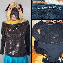 Zara Tops | Disco Babe, Zara, Sequined, Long Sleeved Body Suit!! | Color: Black/Silver | Size: L