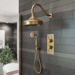 Randolph Morris Tranquil Rainfall Thermostatic Shower Set with Round Showerhead, Gooseneck Handshower, and Round Handles - Brushed Brass RMAS-2TR-RRHGN-HSR-BB