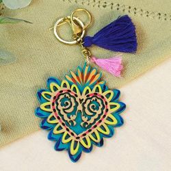 'Hand-Painted Wood Heart Keychain & Bag Charm with Tassels'