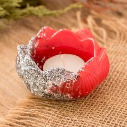 Passionate Peace,'Red Resin Lotus Tealight Candleholder with Silver Glitter'