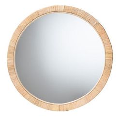 Bella Modern Bohemian Natural Brown Mahogany Wood and Natural Rattan Mirror by Bali & Pari in Round