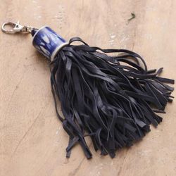 Fringed Drum,'Handcrafted Black Leather and Blue Ceramic Keychain'