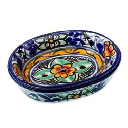 Cobalt Flowers,'Colorful Hand Painted Ceramic Soap Dish'