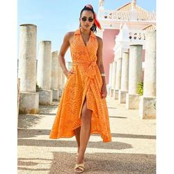 Boston Proper - Nectarine Orange - Eyelet Fit and Flare Faux Wrap Midi Dress - 10