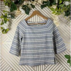 Anthropologie Tops | Anthropologie Postmark Womens Blue White Top 3/4 Sleeves Square Neckline Xs | Color: Blue/White | Size: Xs