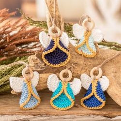 'Set of 5 Handmade Blue-Toned Cotton and Wood Angel Ornaments'