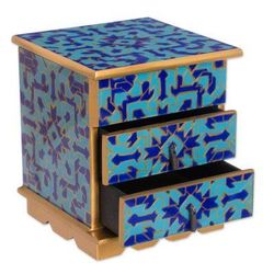 Blue Intricacy,'Reverse Painted Glass Jewelry Box in Blue from Peru'