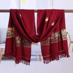 Garden of Berry,'Floral Handwoven Wool and Rayon Embroidered Berry Shawl'