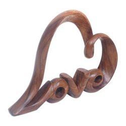 Love Whisper,'Hand-Carved Abstract Heart-Shaped Suar Wood Sculpture'