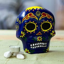 Face of the Vibrant Underworld,'Painted Floral Blue Day of the Dead Skull Ceramic Wall Art'