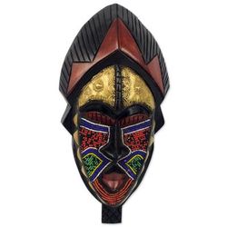 Ayomide II,'Hand Carved Sese Wood and Brass Wall Mask from West Africa'