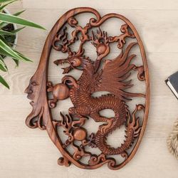 'Hand-Carved Classic Suar Wood Moon and Dragon Relief Panel'