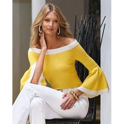 Boston Proper - Yellow/White - Colorblock Flare Sleeve Sweater - Medium